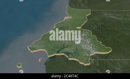 Zoom in on Litoral (province of Equatorial Guinea) extruded. Oblique perspective. Satellite imagery. 3D rendering Stock Photo