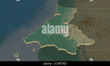 Zoom in on Litoral (province of Equatorial Guinea) extruded. Oblique perspective. Topographic relief map with surface waters. 3D rendering Stock Photo