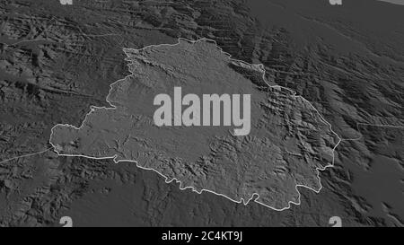 Zoom in on Maekel (region of Eritrea) outlined. Oblique perspective. Bilevel elevation map with surface waters. 3D rendering Stock Photo