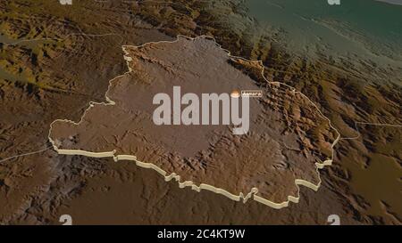 Zoom in on Maekel (region of Eritrea) extruded. Oblique perspective. Topographic relief map with surface waters. 3D rendering Stock Photo