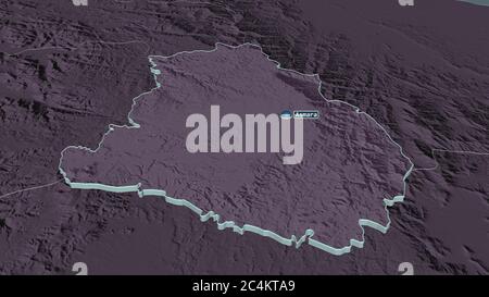 Zoom in on Maekel (region of Eritrea) extruded. Oblique perspective. Colored and bumped map of the administrative division with surface waters. 3D ren Stock Photo