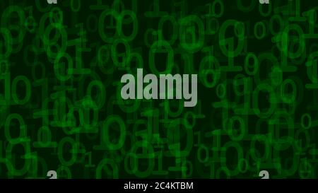 Abstract background of ones and zeros in various sizes, green on black Stock Vector
