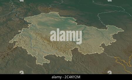 Zoom in on Thüringen (state of Germany) extruded. Oblique perspective ...
