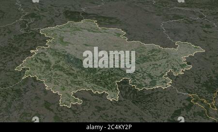 Zoom in on Thüringen (state of Germany) outlined. Oblique perspective ...