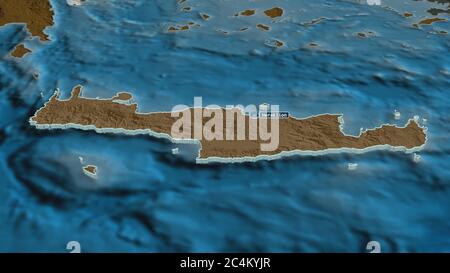 Zoom in on Crete (decentralized administration of Greece) extruded. Oblique perspective. Colored and bumped map of the administrative division with su Stock Photo