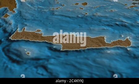 Zoom in on Crete (decentralized administration of Greece) outlined. Oblique perspective. Colored and bumped map of the administrative division with su Stock Photo