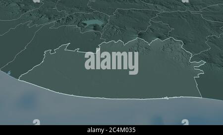 Zoom in on Escuintla (department of Guatemala) outlined. Oblique perspective. Colored and bumped map of the administrative division with surface water Stock Photo
