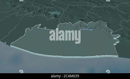 Zoom in on Escuintla (department of Guatemala) extruded. Oblique perspective. Colored and bumped map of the administrative division with surface water Stock Photo