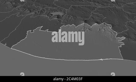 Zoom in on Escuintla (department of Guatemala) outlined. Oblique perspective. Bilevel elevation map with surface waters. 3D rendering Stock Photo