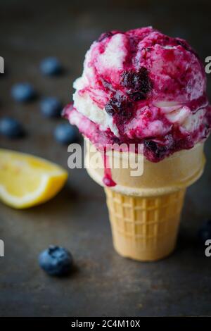 Lemon Frozen Yogurt with Blueberry Sauce Stock Photo