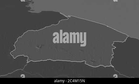 Zoom in on Barima-Waini (region of Guyana) outlined. Oblique perspective. Bilevel elevation map with surface waters. 3D rendering Stock Photo