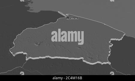 Zoom in on Barima-Waini (region of Guyana) extruded. Oblique perspective. Bilevel elevation map with surface waters. 3D rendering Stock Photo