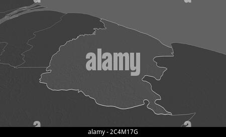 Zoom in on Mahaica-Berbice (region of Guyana) outlined. Oblique perspective. Bilevel elevation map with surface waters. 3D rendering Stock Photo