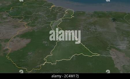 Zoom in on East Berbice-Corentyne (region of Guyana) outlined. Oblique perspective. Satellite imagery. 3D rendering Stock Photo