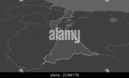 Zoom in on East Berbice-Corentyne (region of Guyana) outlined. Oblique perspective. Bilevel elevation map with surface waters. 3D rendering Stock Photo