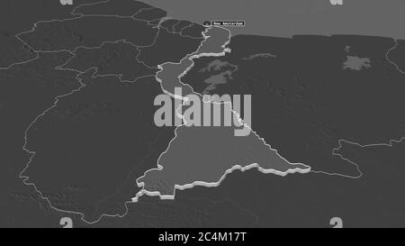 Zoom in on East Berbice-Corentyne (region of Guyana) extruded. Oblique perspective. Bilevel elevation map with surface waters. 3D rendering Stock Photo