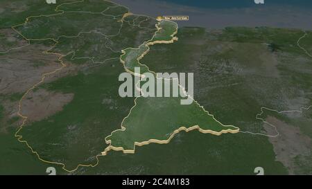 Zoom in on East Berbice-Corentyne (region of Guyana) extruded. Oblique perspective. Satellite imagery. 3D rendering Stock Photo