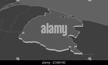 Zoom in on Mahaica-Berbice (region of Guyana) extruded. Oblique perspective. Bilevel elevation map with surface waters. 3D rendering Stock Photo