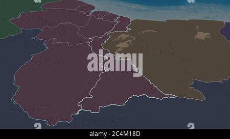 Zoom in on East Berbice-Corentyne (region of Guyana) outlined. Oblique perspective. Colored and bumped map of the administrative division with surface Stock Photo