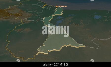 Zoom in on East Berbice-Corentyne (region of Guyana) extruded. Oblique perspective. Topographic relief map with surface waters. 3D rendering Stock Photo