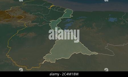 Zoom in on East Berbice-Corentyne (region of Guyana) outlined. Oblique perspective. Topographic relief map with surface waters. 3D rendering Stock Photo