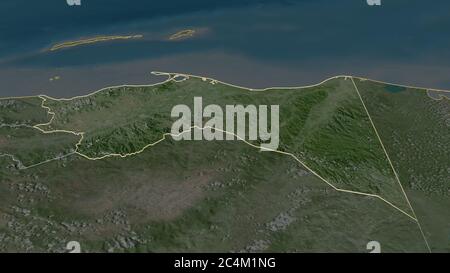 Zoom in on Colón (department of Honduras) outlined. Oblique perspective. Satellite imagery. 3D rendering Stock Photo