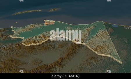 Zoom in on Colón (department of Honduras) extruded. Oblique perspective. Topographic relief map with surface waters. 3D rendering Stock Photo