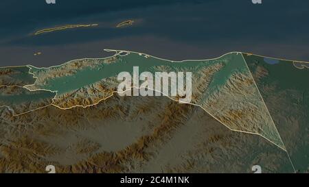 Zoom in on Colón (department of Honduras) outlined. Oblique perspective. Topographic relief map with surface waters. 3D rendering Stock Photo