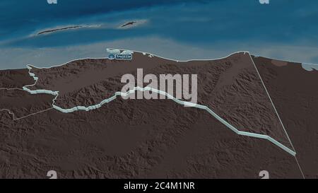 Zoom in on Colón (department of Honduras) extruded. Oblique perspective. Colored and bumped map of the administrative division with surface waters. 3D Stock Photo