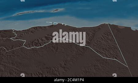 Zoom in on Colón (department of Honduras) outlined. Oblique perspective. Colored and bumped map of the administrative division with surface waters. 3D Stock Photo