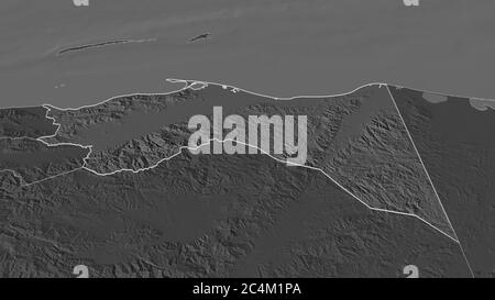 Zoom in on Colón (department of Honduras) outlined. Oblique perspective. Bilevel elevation map with surface waters. 3D rendering Stock Photo