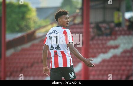 London, UK. 26th June, 2020. Ollie Watkins of Brentford during the Sky Bet Championship match between Brentford and West Bromwich Albion at Griffin Park, London, England on 26 June 2020. Photo by Andrew Aleks/PRiME Media Images. Credit: PRiME Media Images/Alamy Live News Stock Photo