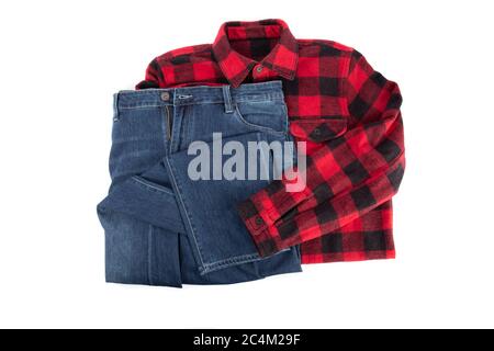 farmer fashion; a pair of denim blue jeans and a red plaid work shirt isolated on white Stock Photo