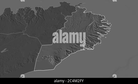 Zoom in on Austurland (region of Iceland) outlined. Oblique perspective. Bilevel elevation map with surface waters. 3D rendering Stock Photo