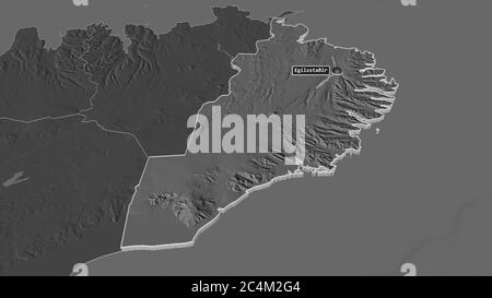 Zoom in on Austurland (region of Iceland) extruded. Oblique perspective. Bilevel elevation map with surface waters. 3D rendering Stock Photo