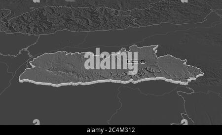 Zoom in on Meghalaya (state of India) extruded. Oblique perspective. Bilevel elevation map with surface waters. 3D rendering Stock Photo