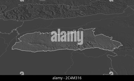 Zoom in on Meghalaya (state of India) outlined. Oblique perspective. Bilevel elevation map with surface waters. 3D rendering Stock Photo