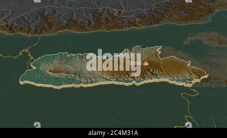 Zoom in on Meghalaya (state of India) extruded. Oblique perspective. Topographic relief map with surface waters. 3D rendering Stock Photo