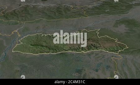 Zoom in on Meghalaya (state of India) outlined. Oblique perspective. Satellite imagery. 3D rendering Stock Photo