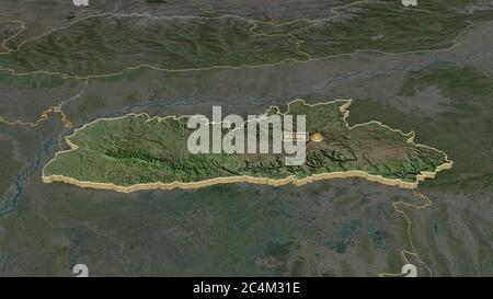 Zoom in on Meghalaya (state of India) extruded. Oblique perspective. Satellite imagery. 3D rendering Stock Photo