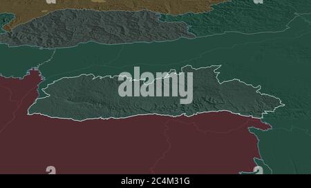 Zoom in on Meghalaya (state of India) outlined. Oblique perspective. Colored and bumped map of the administrative division with surface waters. 3D ren Stock Photo