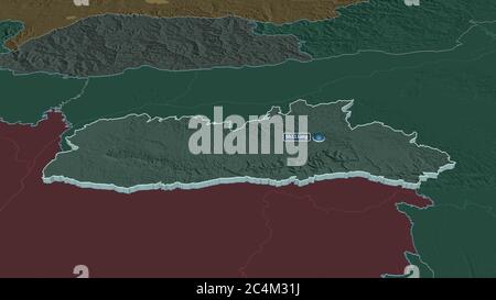 Zoom in on Meghalaya (state of India) extruded. Oblique perspective. Colored and bumped map of the administrative division with surface waters. 3D ren Stock Photo