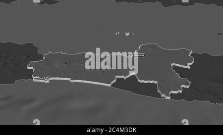 Zoom in on Jawa Tengah (city of Indonesia) extruded. Oblique perspective. Bilevel elevation map with surface waters. 3D rendering Stock Photo