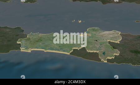 Zoom in on Jawa Tengah (city of Indonesia) extruded. Oblique perspective. Satellite imagery. 3D rendering Stock Photo