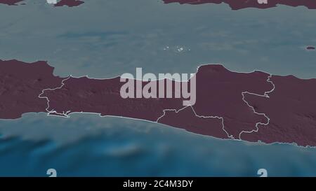 Zoom in on Jawa Tengah (city of Indonesia) outlined. Oblique perspective. Colored and bumped map of the administrative division with surface waters. 3 Stock Photo