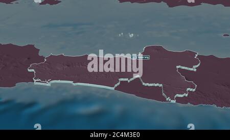 Zoom in on Jawa Tengah (city of Indonesia) extruded. Oblique perspective. Colored and bumped map of the administrative division with surface waters. 3 Stock Photo