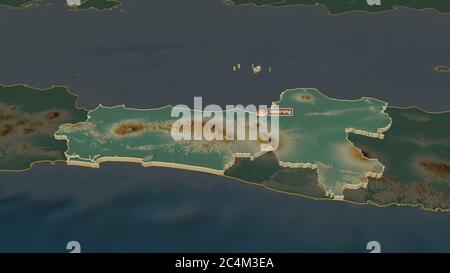 Zoom in on Jawa Tengah (city of Indonesia) extruded. Oblique perspective. Topographic relief map with surface waters. 3D rendering Stock Photo