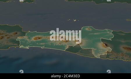 Zoom in on Jawa Tengah (city of Indonesia) outlined. Oblique perspective. Topographic relief map with surface waters. 3D rendering Stock Photo