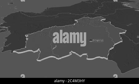 Zoom in on Kalimantan Tengah (province of Indonesia) extruded. Oblique perspective. Bilevel elevation map with surface waters. 3D rendering Stock Photo