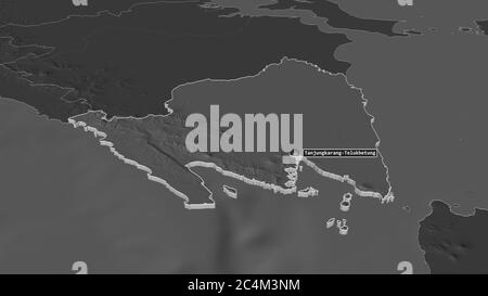 Zoom in on Lampung (province of Indonesia) extruded. Oblique perspective. Bilevel elevation map with surface waters. 3D rendering Stock Photo